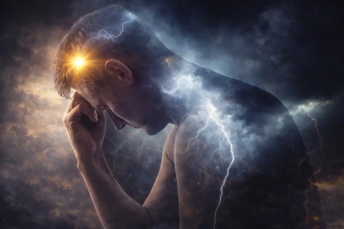 Человек в молитвенном раздумье, изображённый на фоне тьмы и молний, символизирующих внутреннюю духовную борьбу и поиск Божьего света