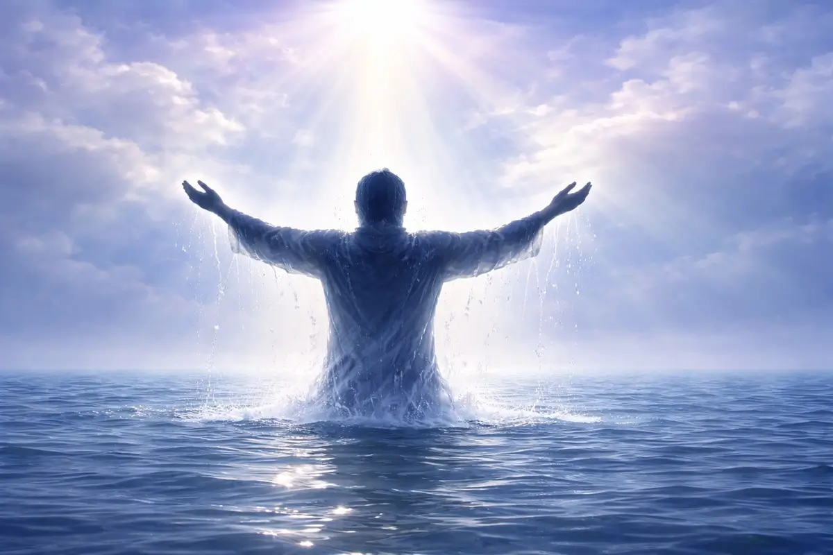 Людина виходить з води з піднятими руками, символізуючи нове життя та оновлення через хрещення