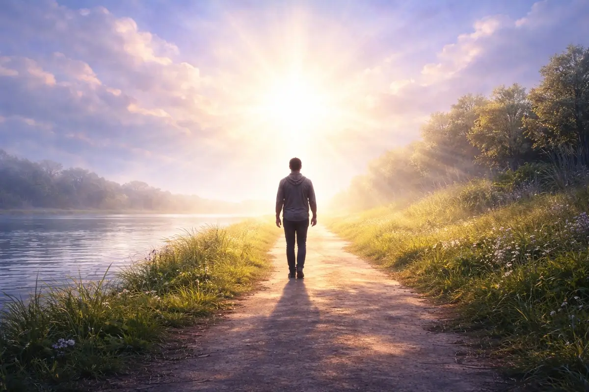 Людина йде дорогою до світла, символізуючи шлях віри та слідування за Христом