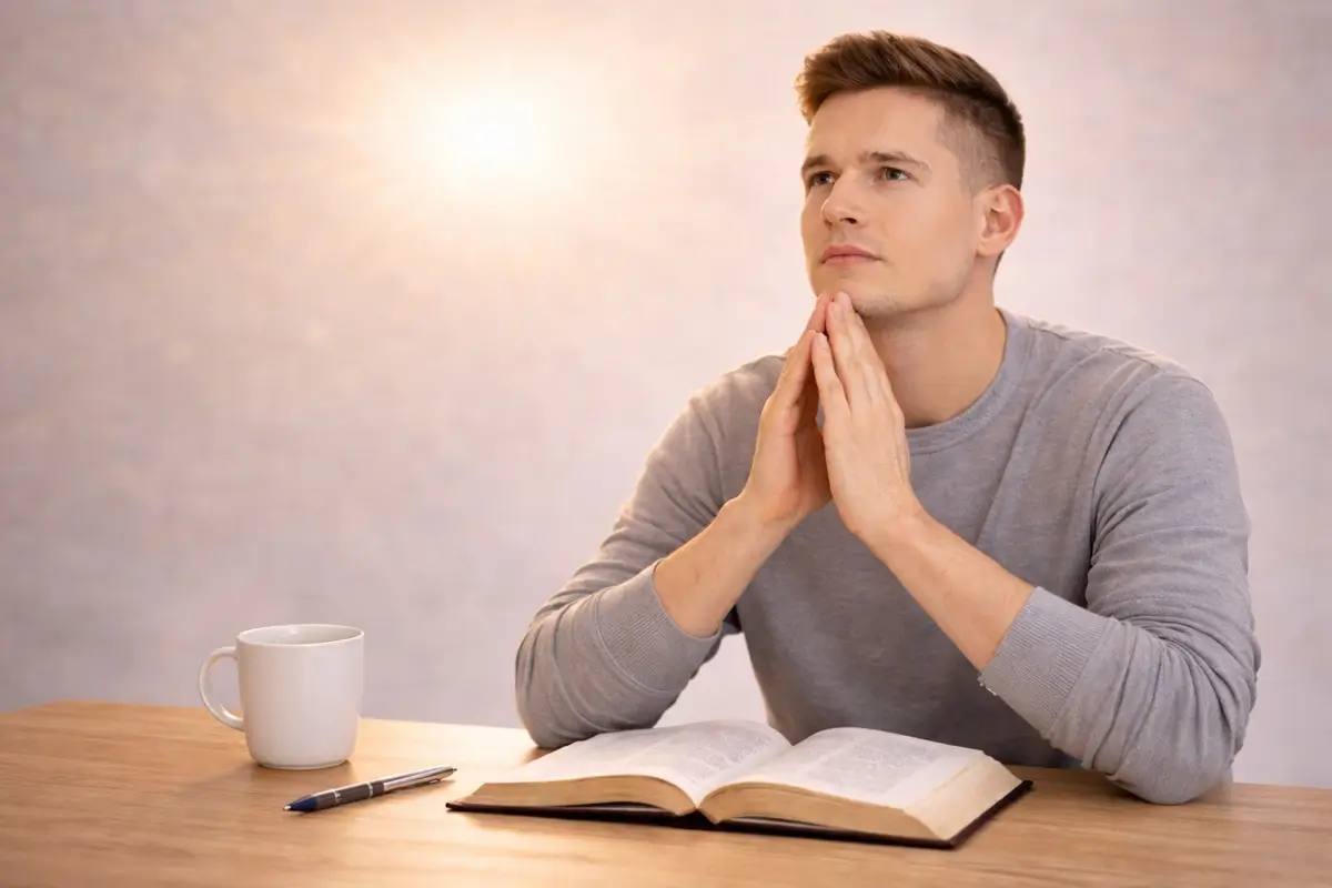 Молодий чоловік сидить за столом з відкритою Біблією та розмірковує
