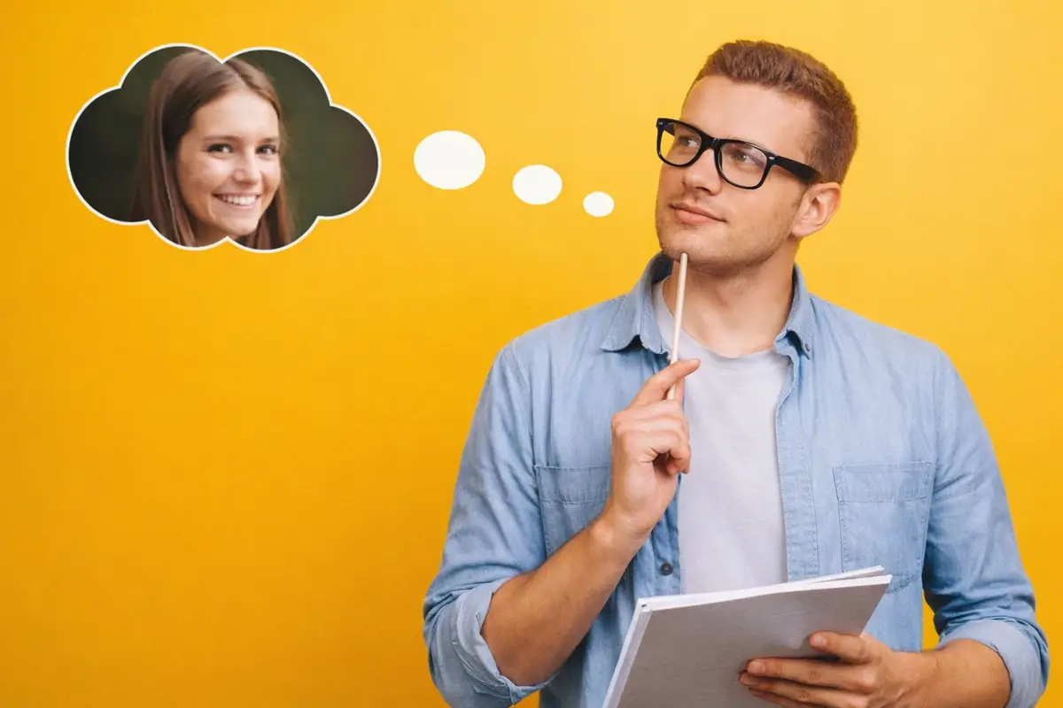 Молодий чоловік з блокнотом розмірковує, думаючи про дівчину