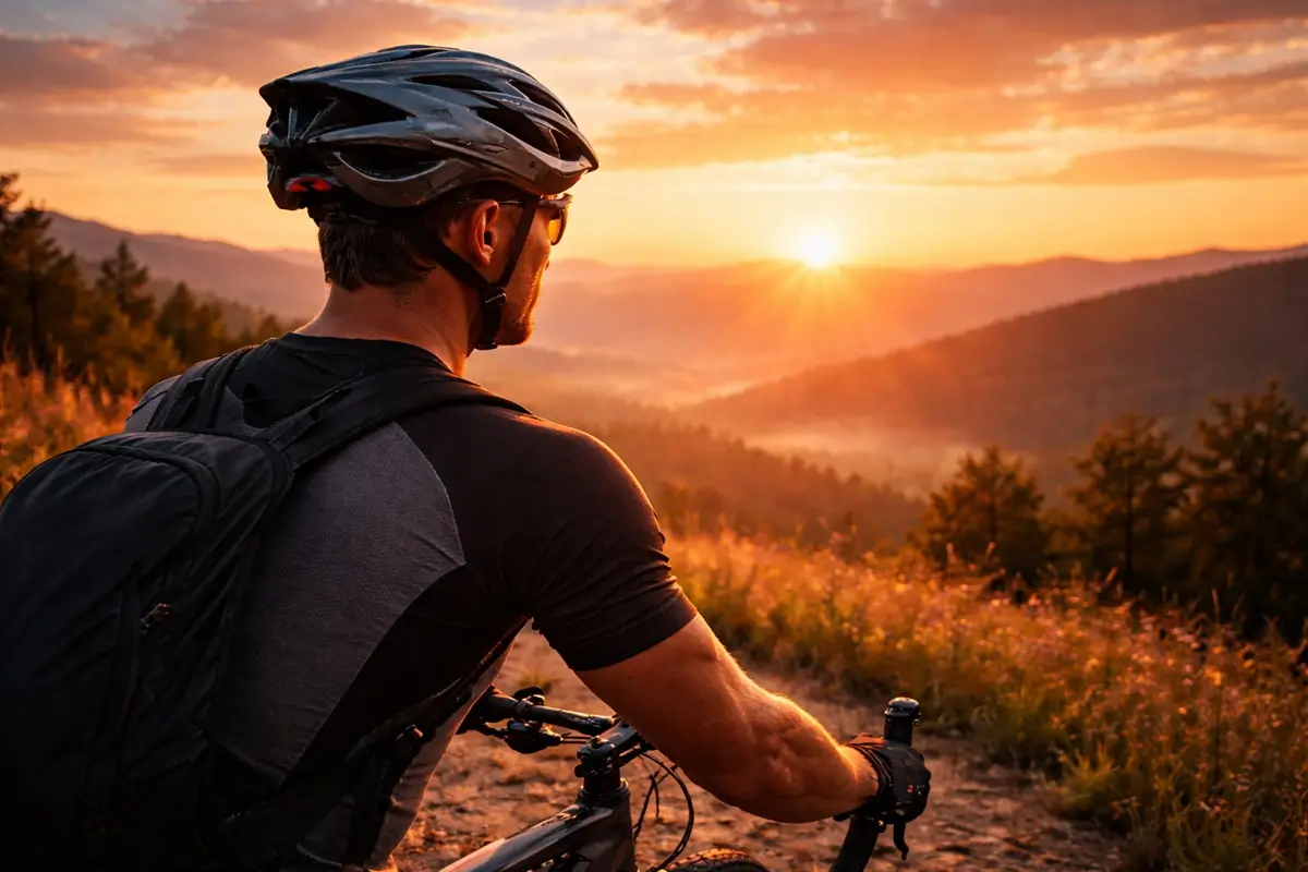Велосипедист в шлеме на фоне рассвета в горах